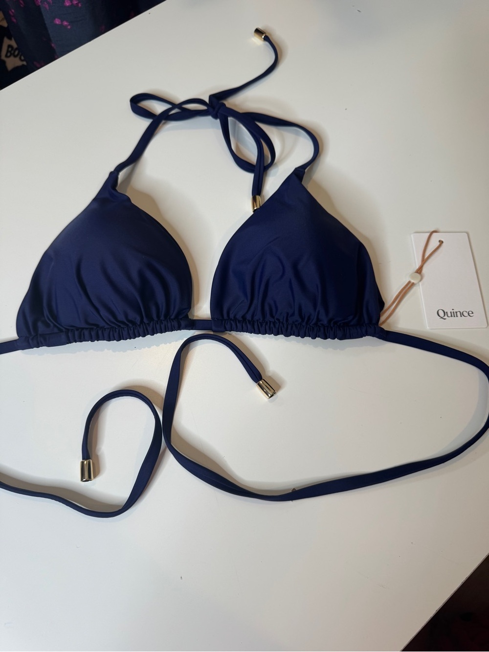 Quince Italian Triangle Bikini Top Deep Navy Size Large Recycled Swim Halter NWT